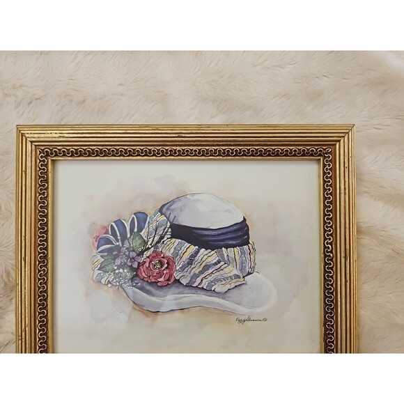 Vintage Peggy Abrams White Victorian Hat Art Print Matted With Gold Frame - Picture 4 of 8